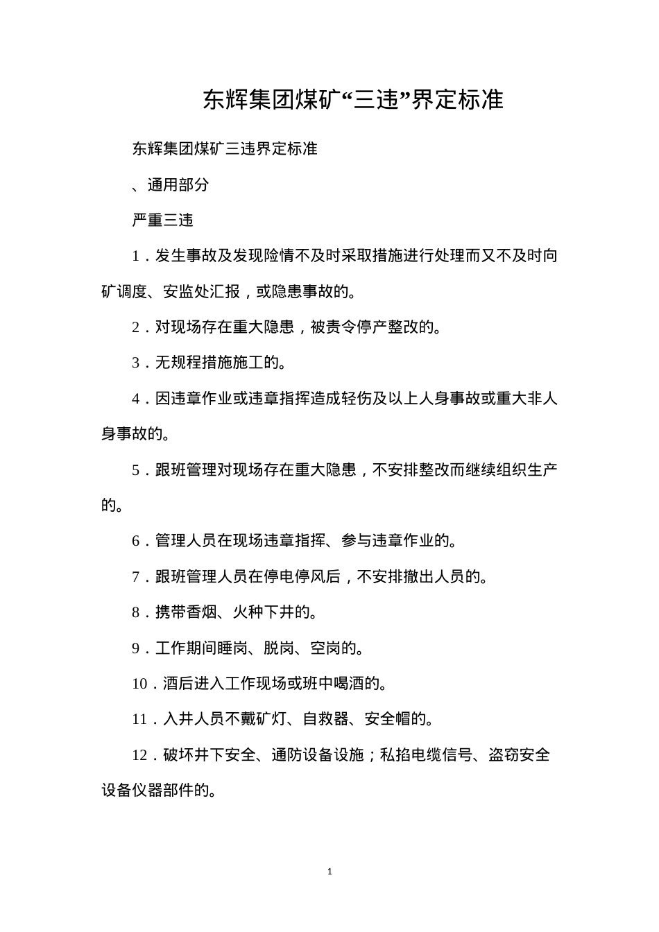东辉集团煤矿“三违”界定标准.docx_第1页