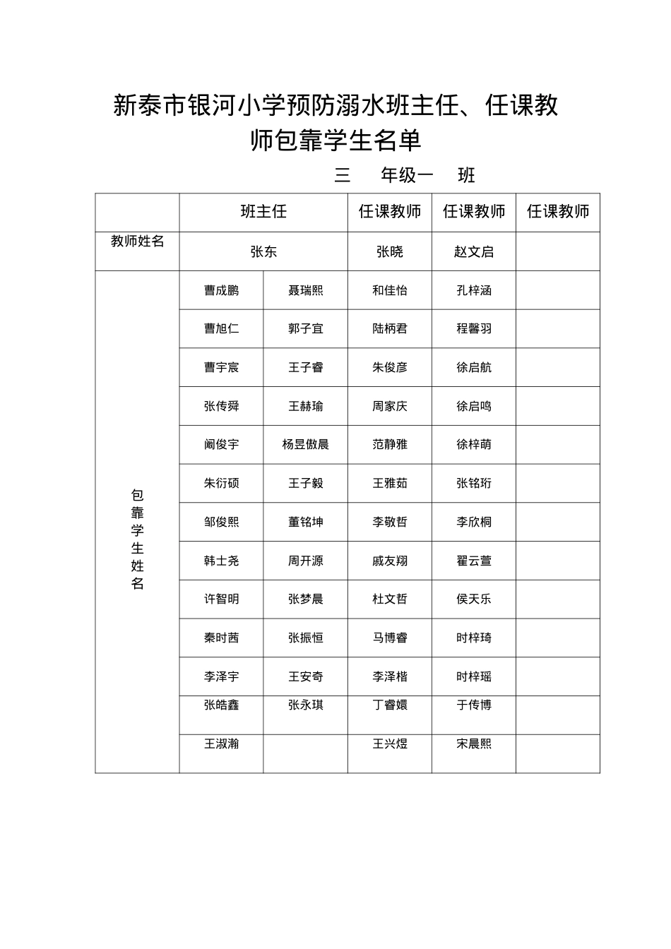 31-银河小学预防溺水班主任、任课教师包靠学生名单(1).docx_第1页