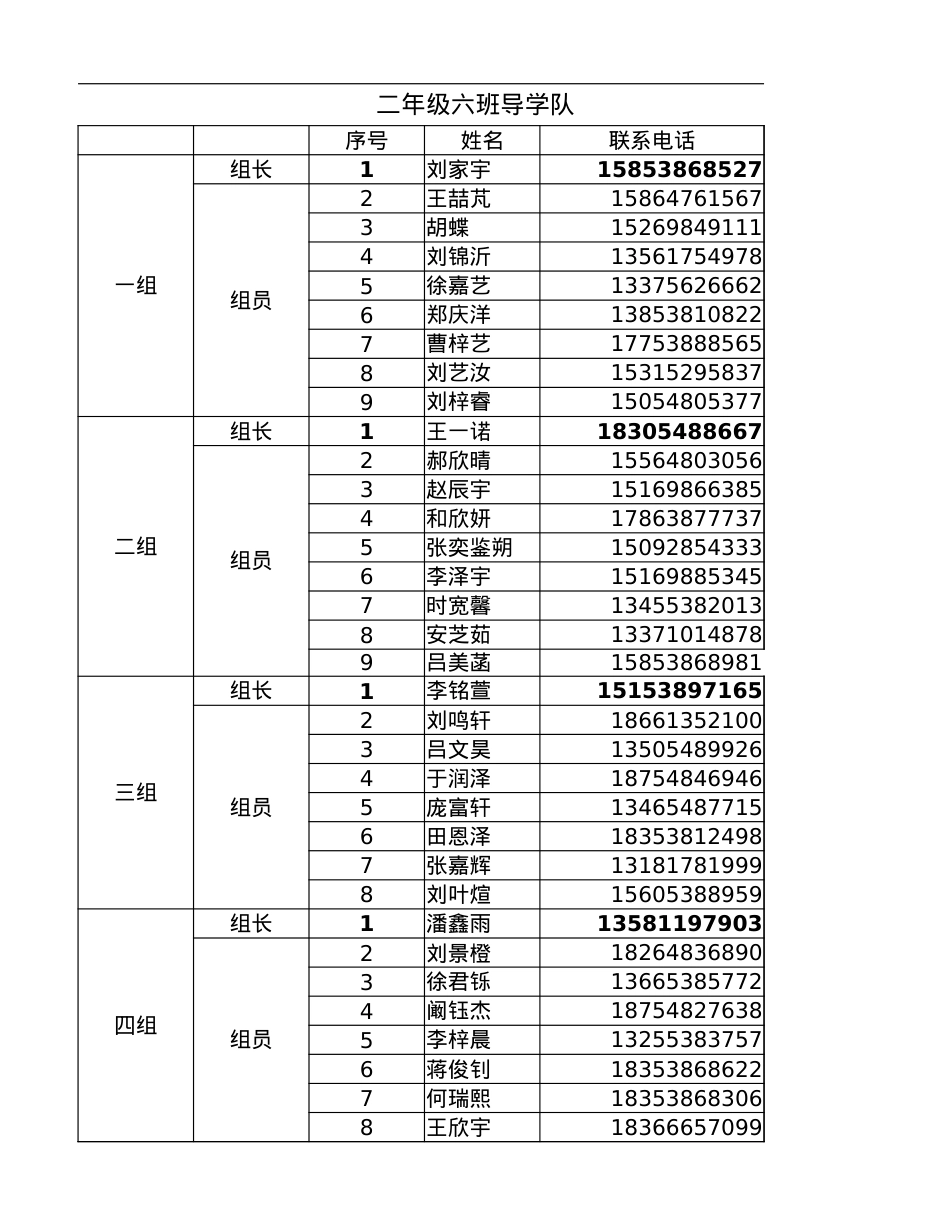 二年级六班学生名单：按导学队排 - 副本.xlsx_第1页