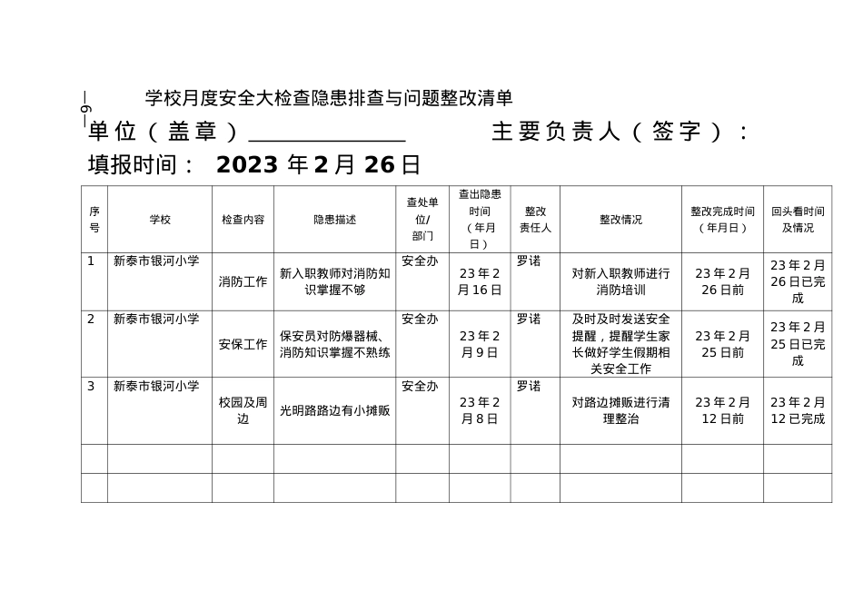 附件2  2月长效机制附表—银河小学—学校月度安全大检查隐患排查与问题整改清单.doc_第1页