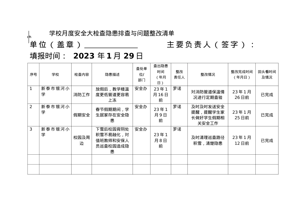 附件2  10月长效机制附表—银河小学—学校月度安全大检查隐患排查与问题整改清单.doc_第1页