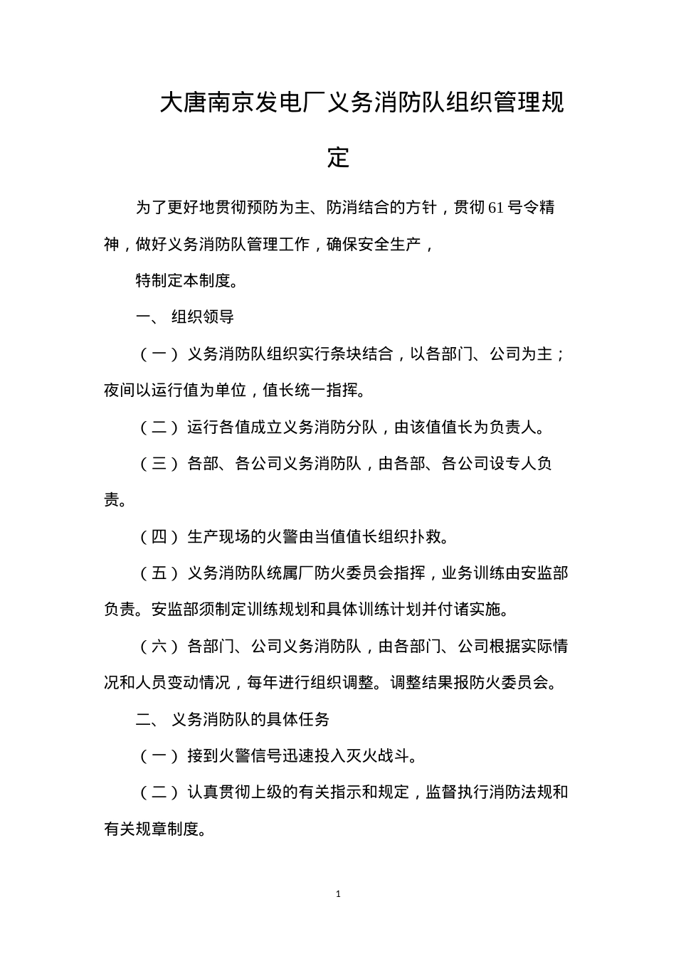 大唐南京发电厂义务消防队组织管理规定.docx_第1页