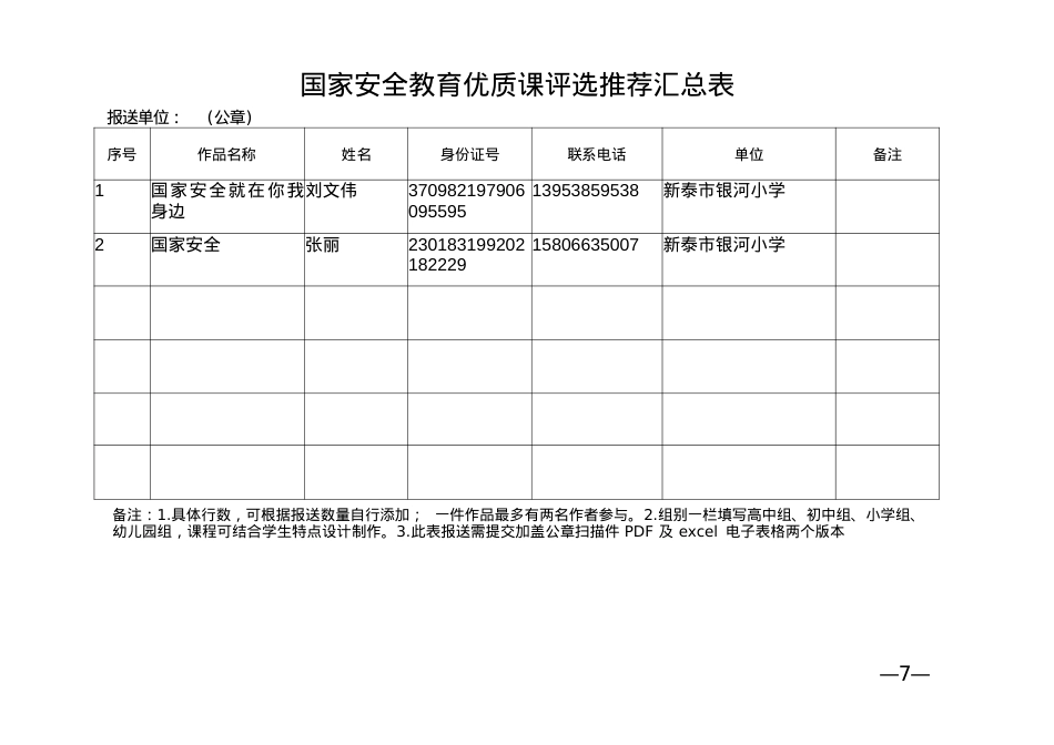 国家安全教育优质课评选推荐汇总表(1).docx_第1页