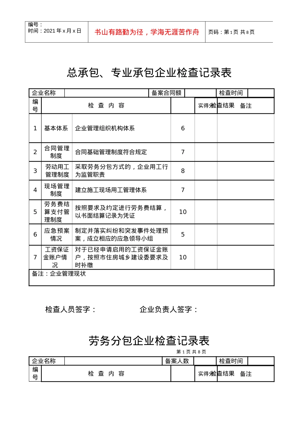 _______项目劳务管理检查记录表.docx_第1页