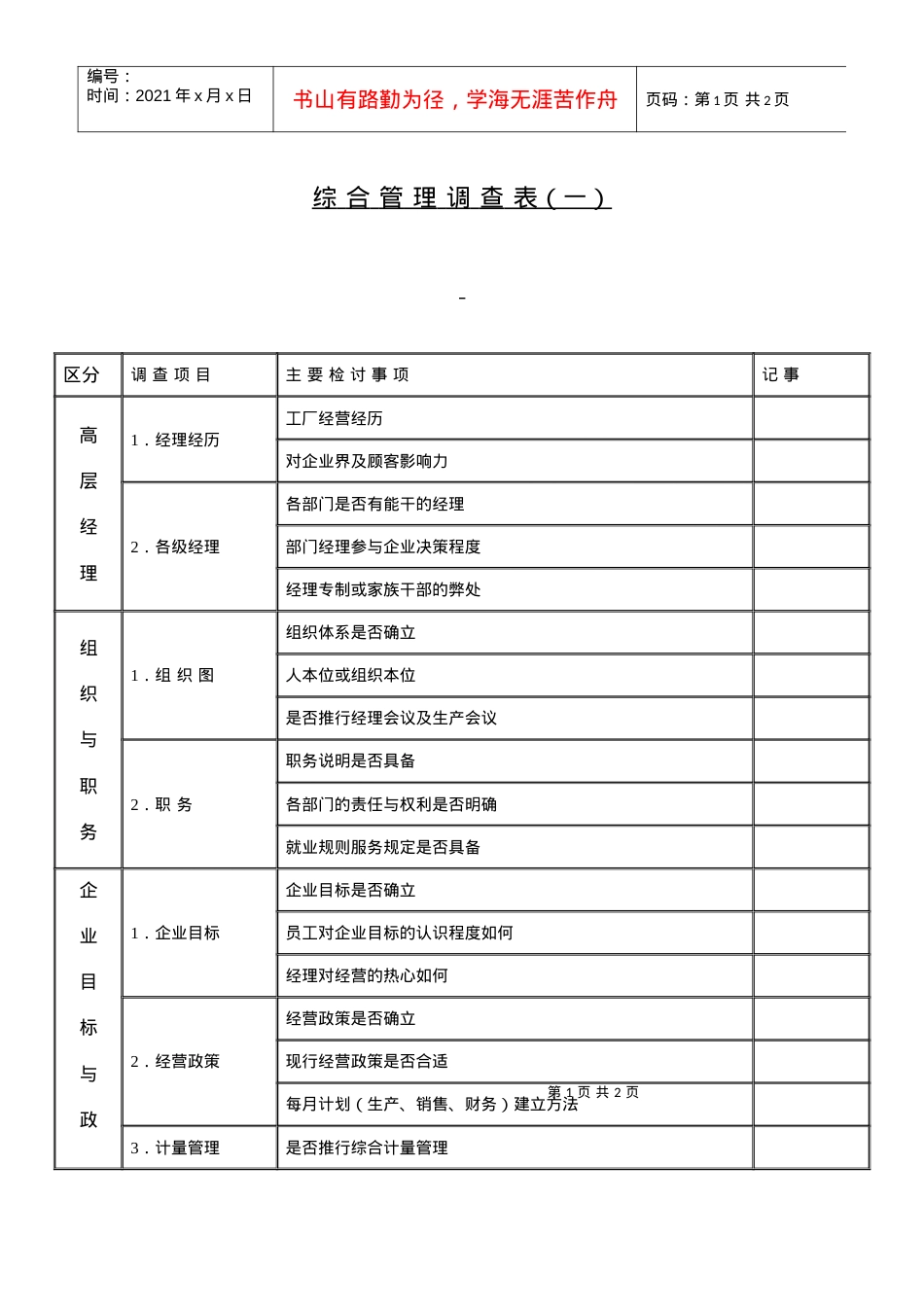 【测量评估】综合管理调查表1.docx_第1页