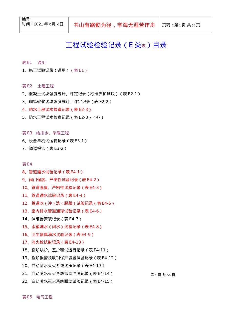 0-E类表-工程试验检验记录-目录.docx_第1页