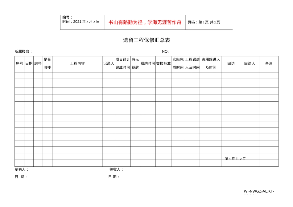 26遗留工程保修汇总表WI-NWGZ-AL.KF-06-26.docx_第1页