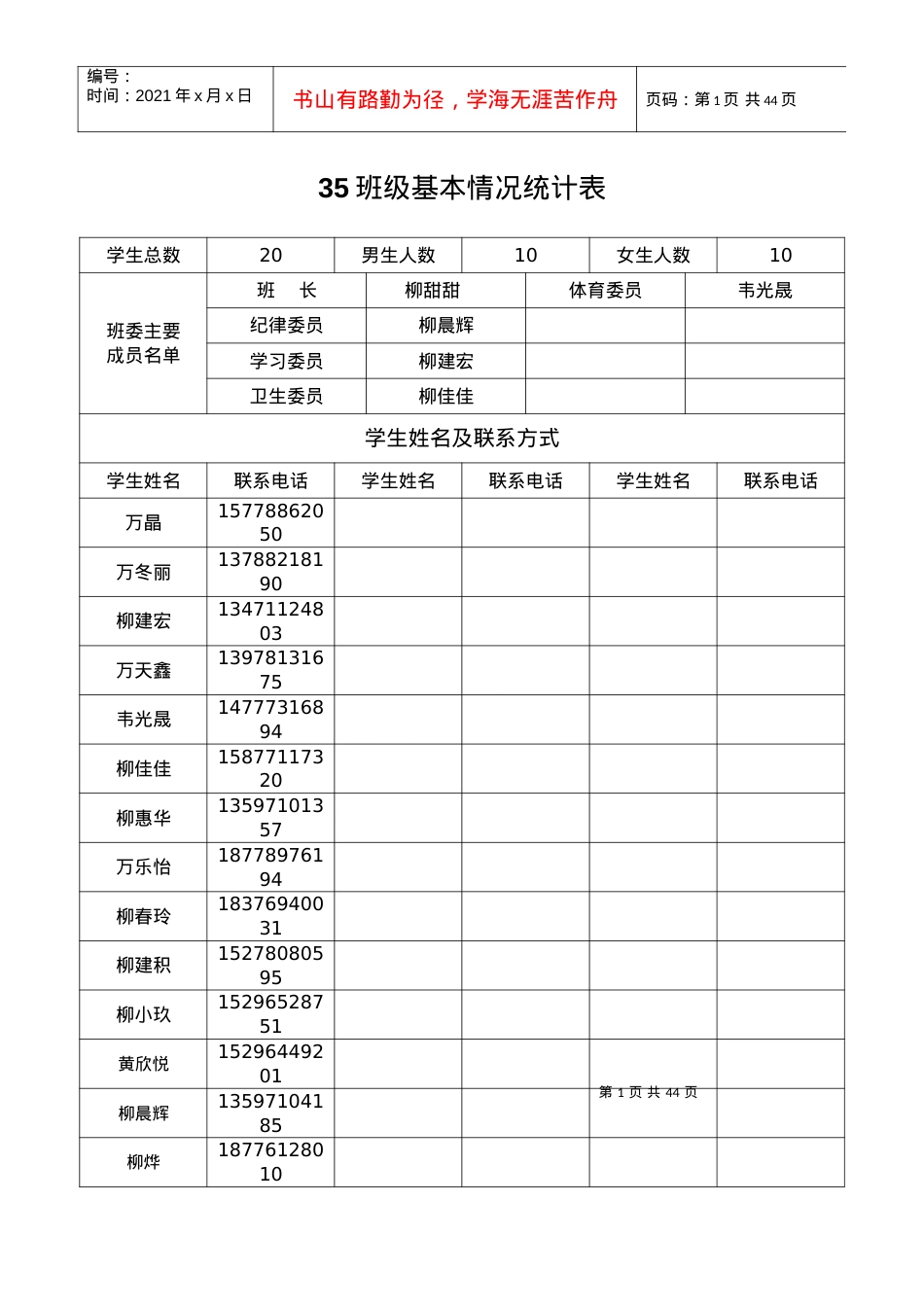 35班级基本情况统计表.docx_第1页