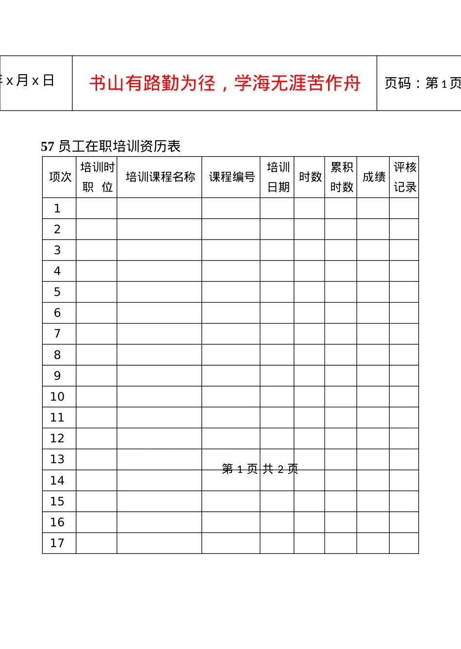 57员工在职培训资历表.docx_第1页