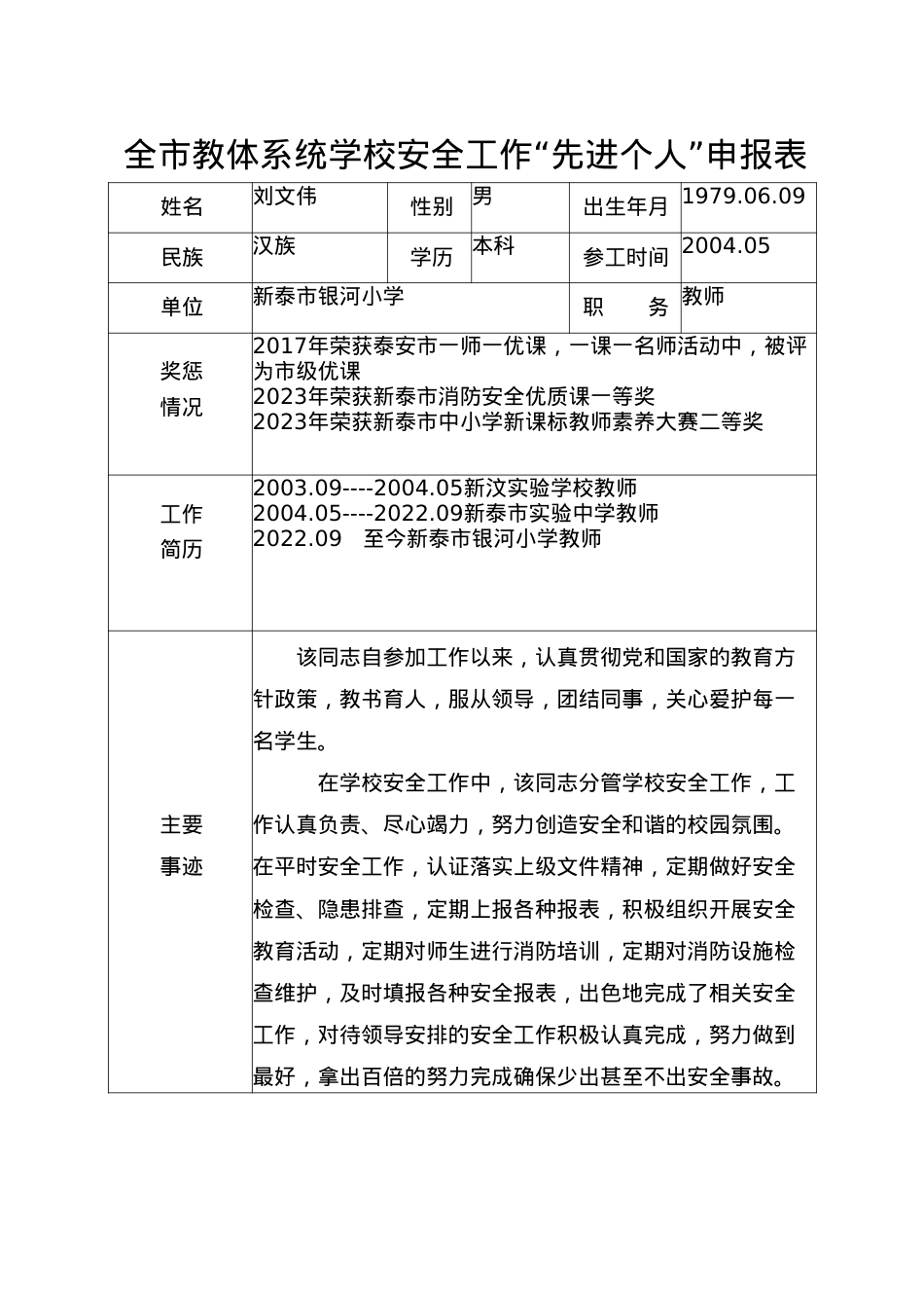 银河小学刘文伟安全先进个人表明表 DOC 文档(1).doc_第1页
