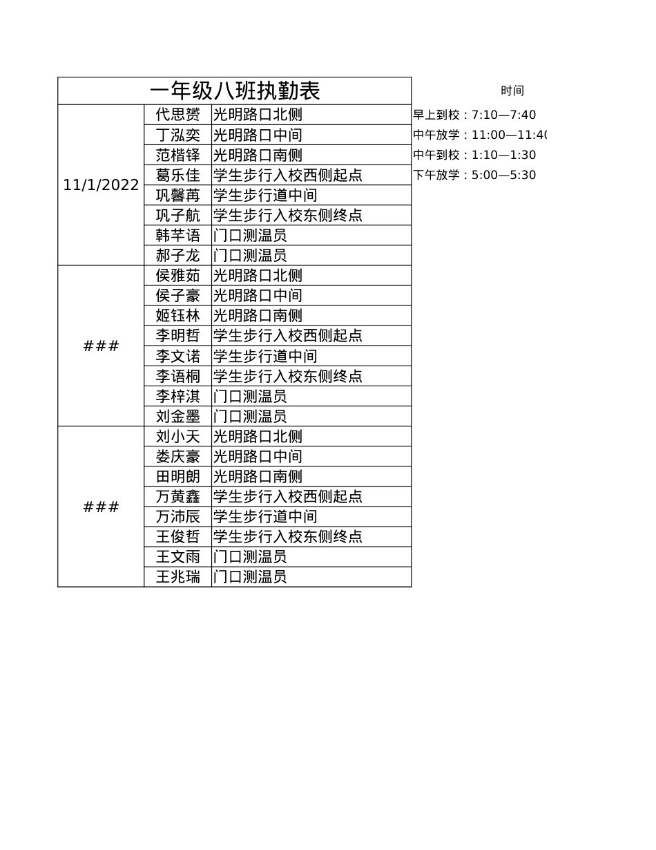 一年级八班家长执勤表.xlsx_第1页