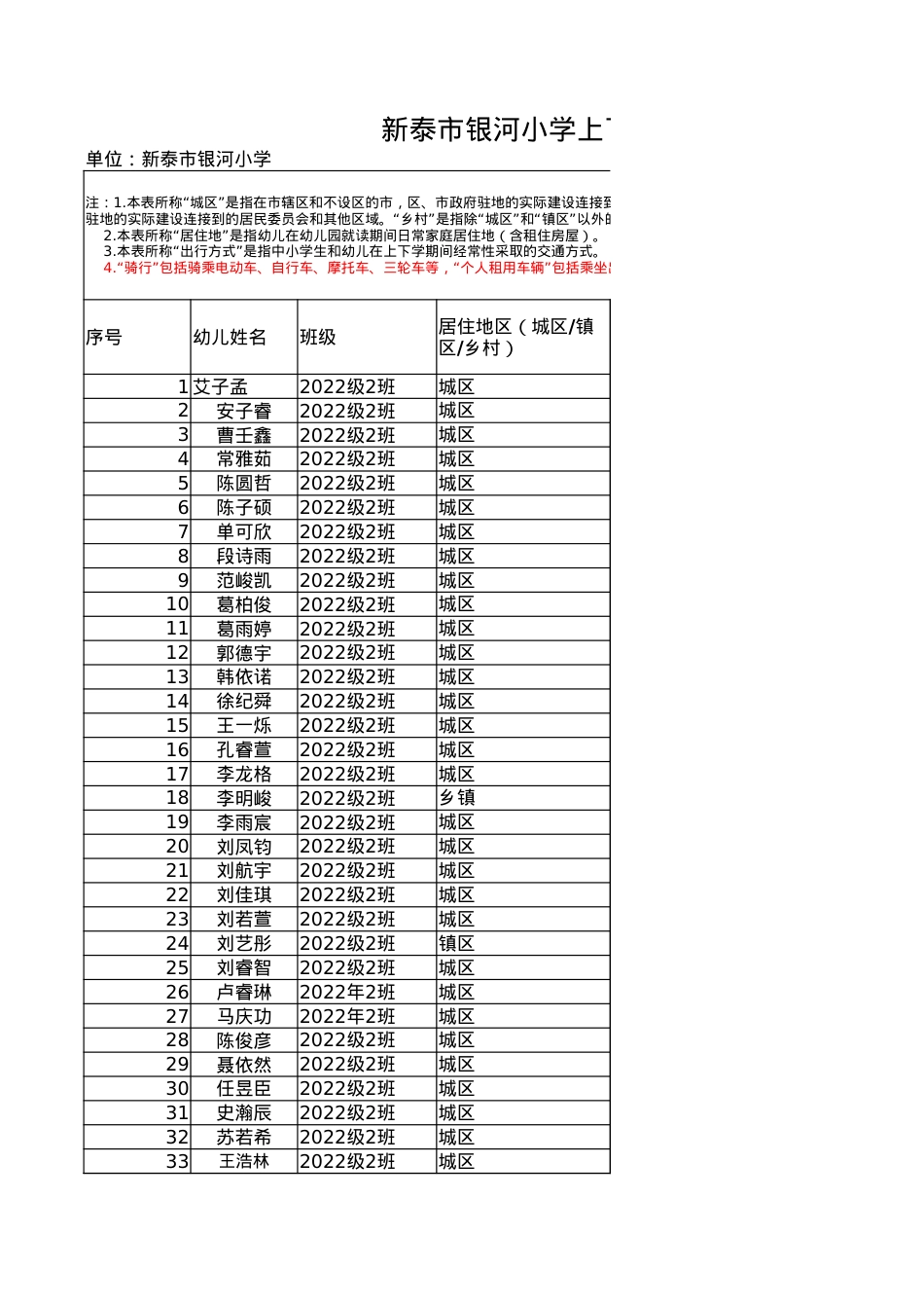 一年级二班银河小学上下学交通情况调查表(副本)(2)(1)(1).xlsx_第1页