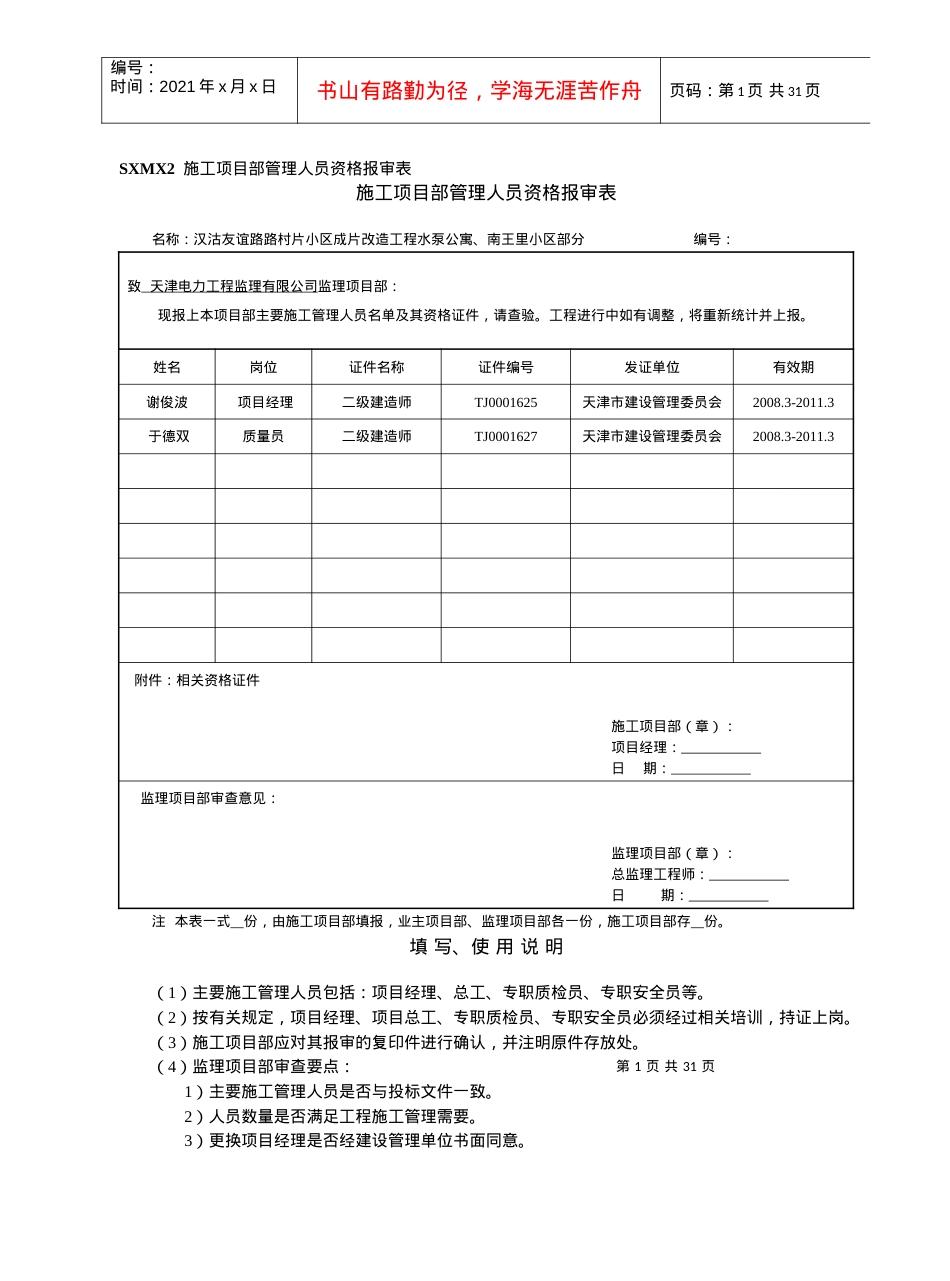 SXMX2施工项目部管理人员资格报审表.docx_第1页