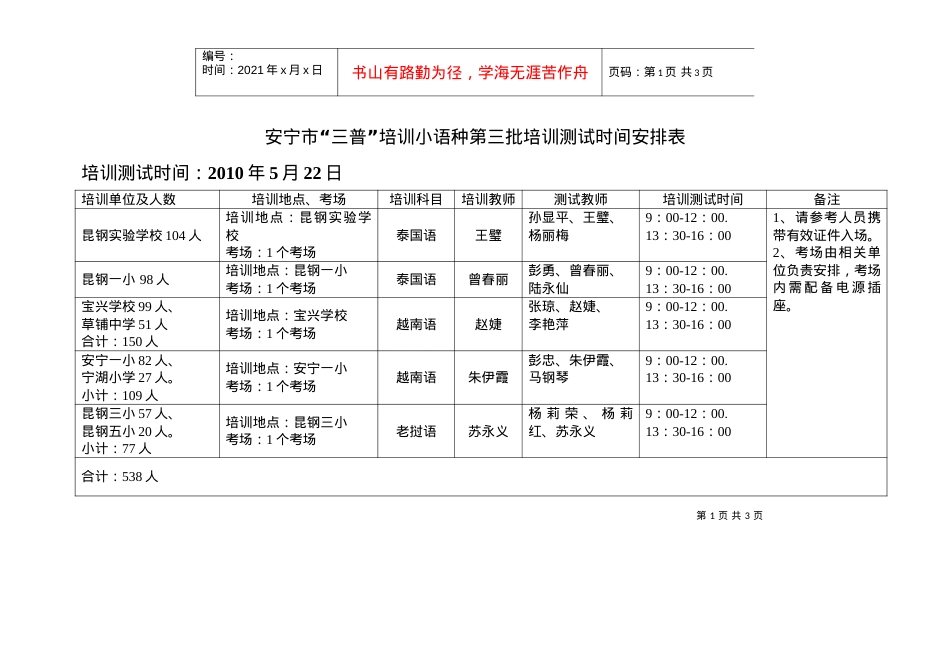 安宁市三普培训小语种第三批培训测试时间安排表.docx_第1页