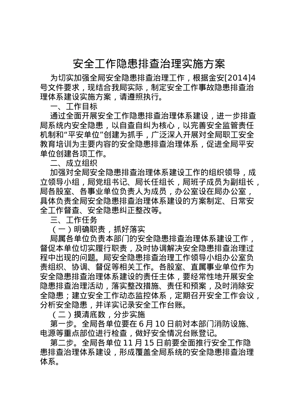 2022年安全工作隐患排查治理实施方案.doc_第1页