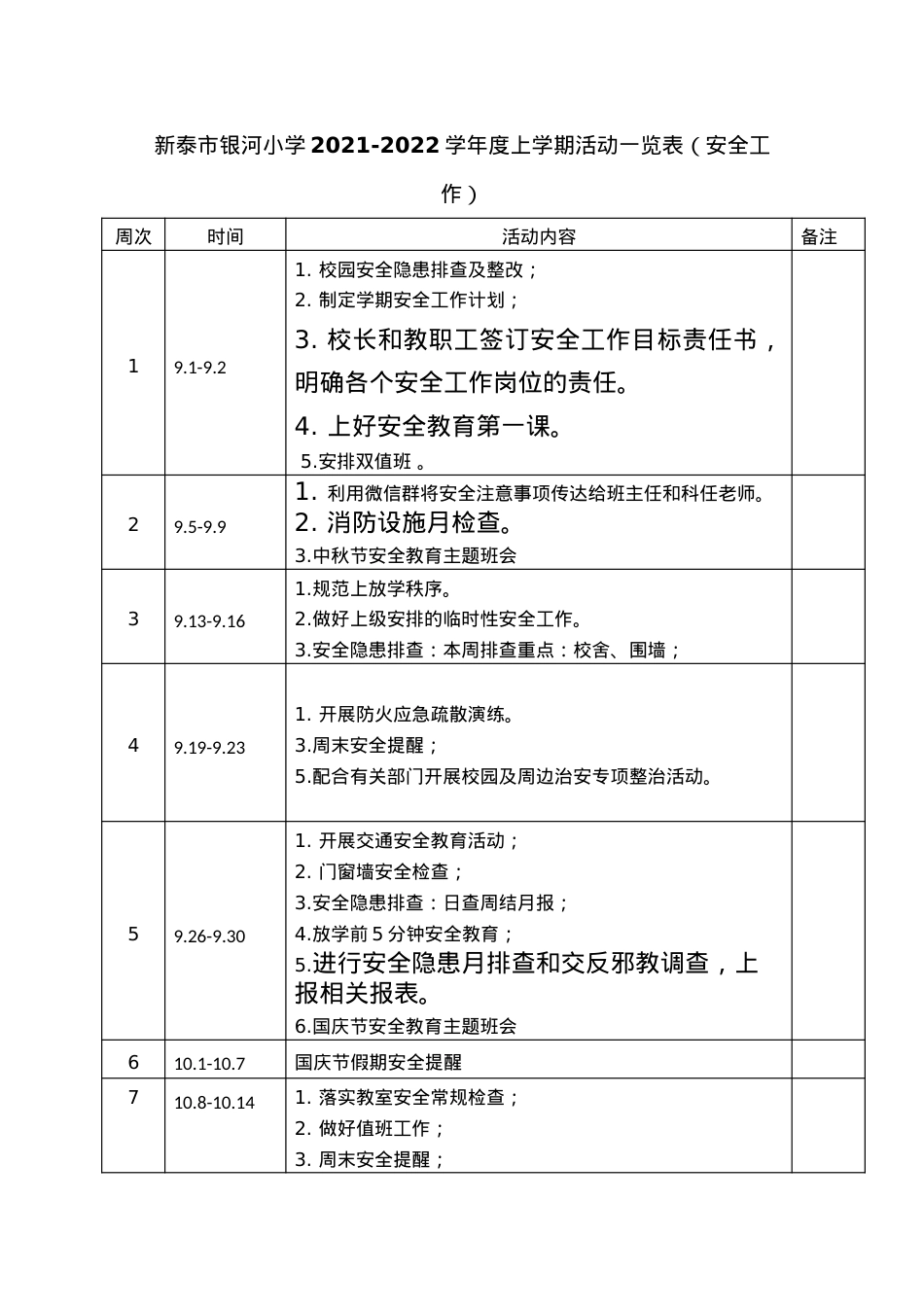 银河小学安全工作2021-2022学年度上学期活动周历表.doc_第1页