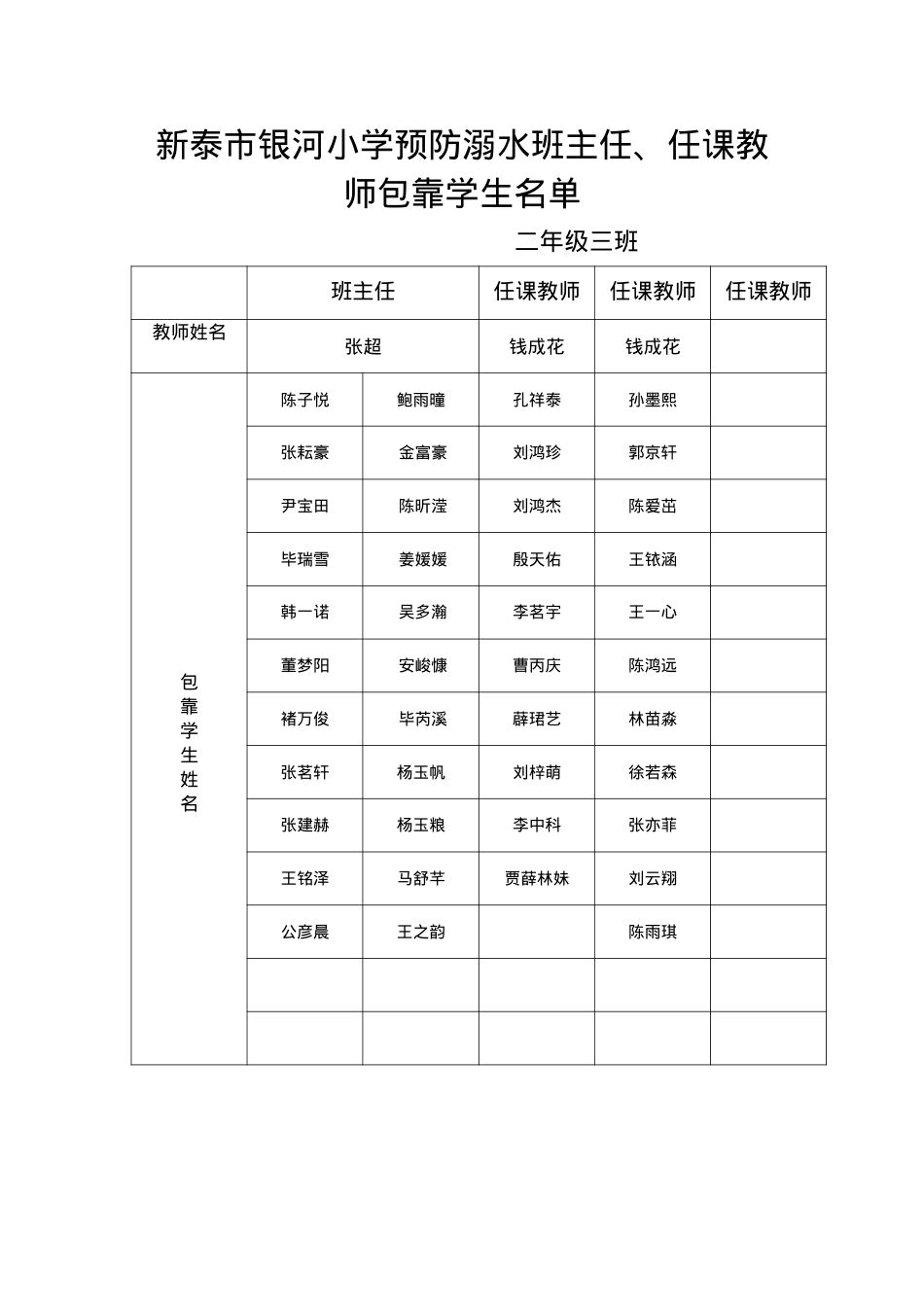 银河小学预防溺水班主任、任课教师包靠学生名单(2).docx_第1页