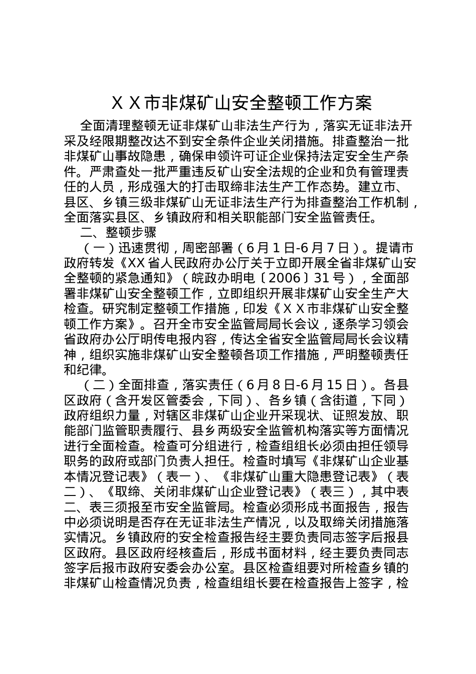 2022年ＸＸ市非煤矿山安全整顿工作方案.doc_第1页
