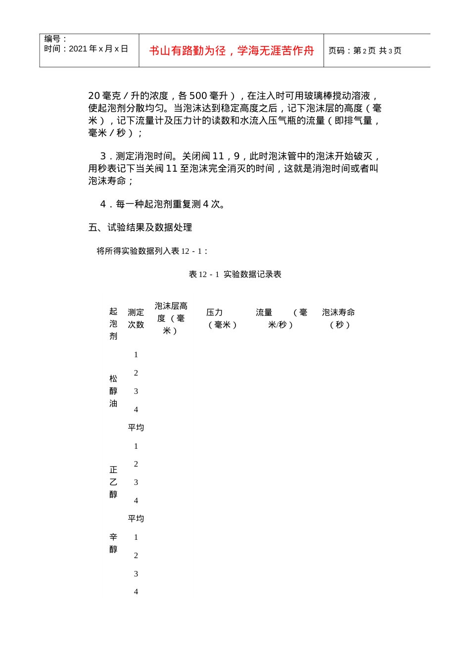 【采矿课件】实验十二起泡剂起泡性能测定.docx_第2页
