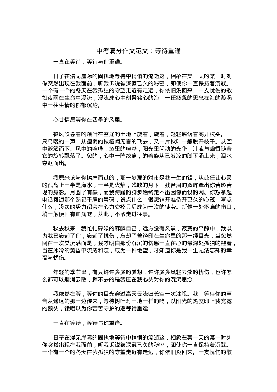 中考优秀满分作文：等待重逢.docx_第1页