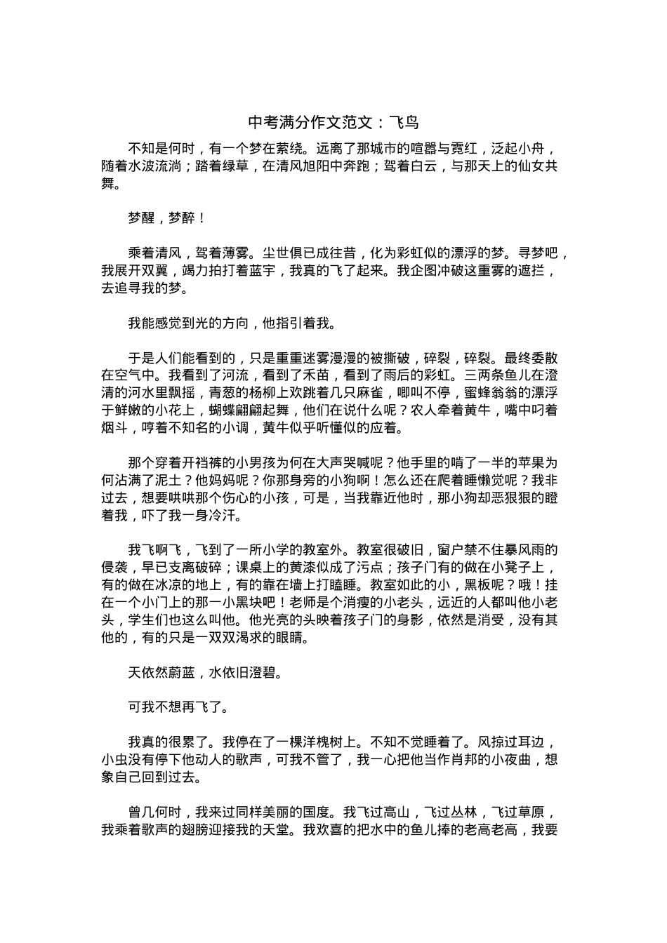 中考优秀满分作文：飞鸟.docx_第1页