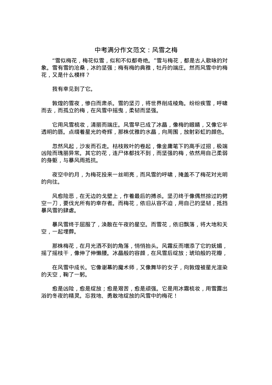 中考优秀满分作文：风雪之梅.docx_第1页