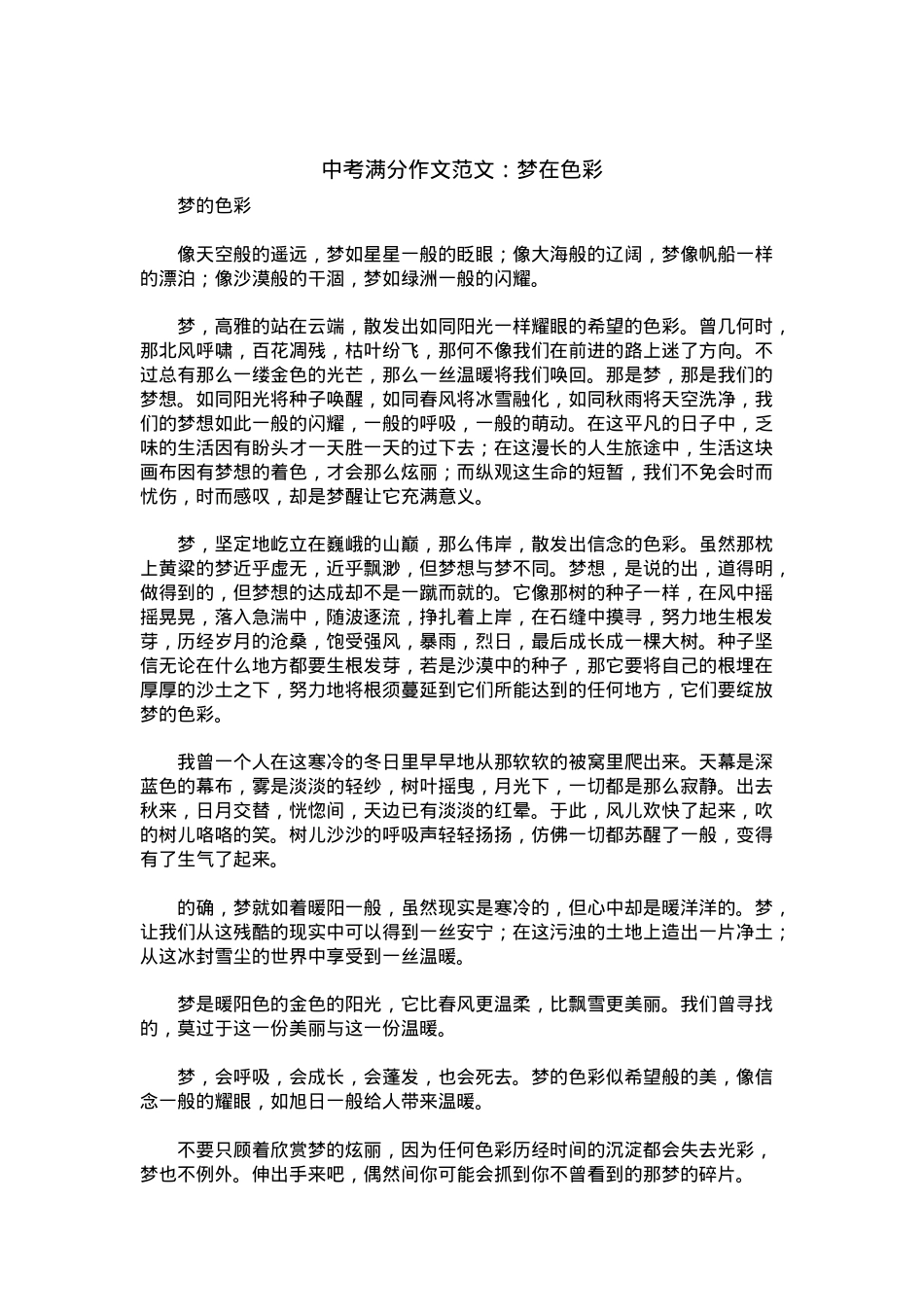 中考优秀满分作文：梦在色彩.docx_第1页