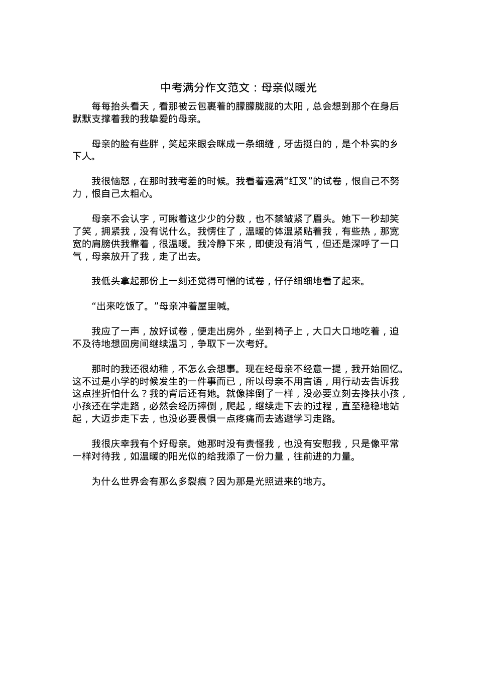 中考优秀满分作文：母亲似暖光.docx_第1页