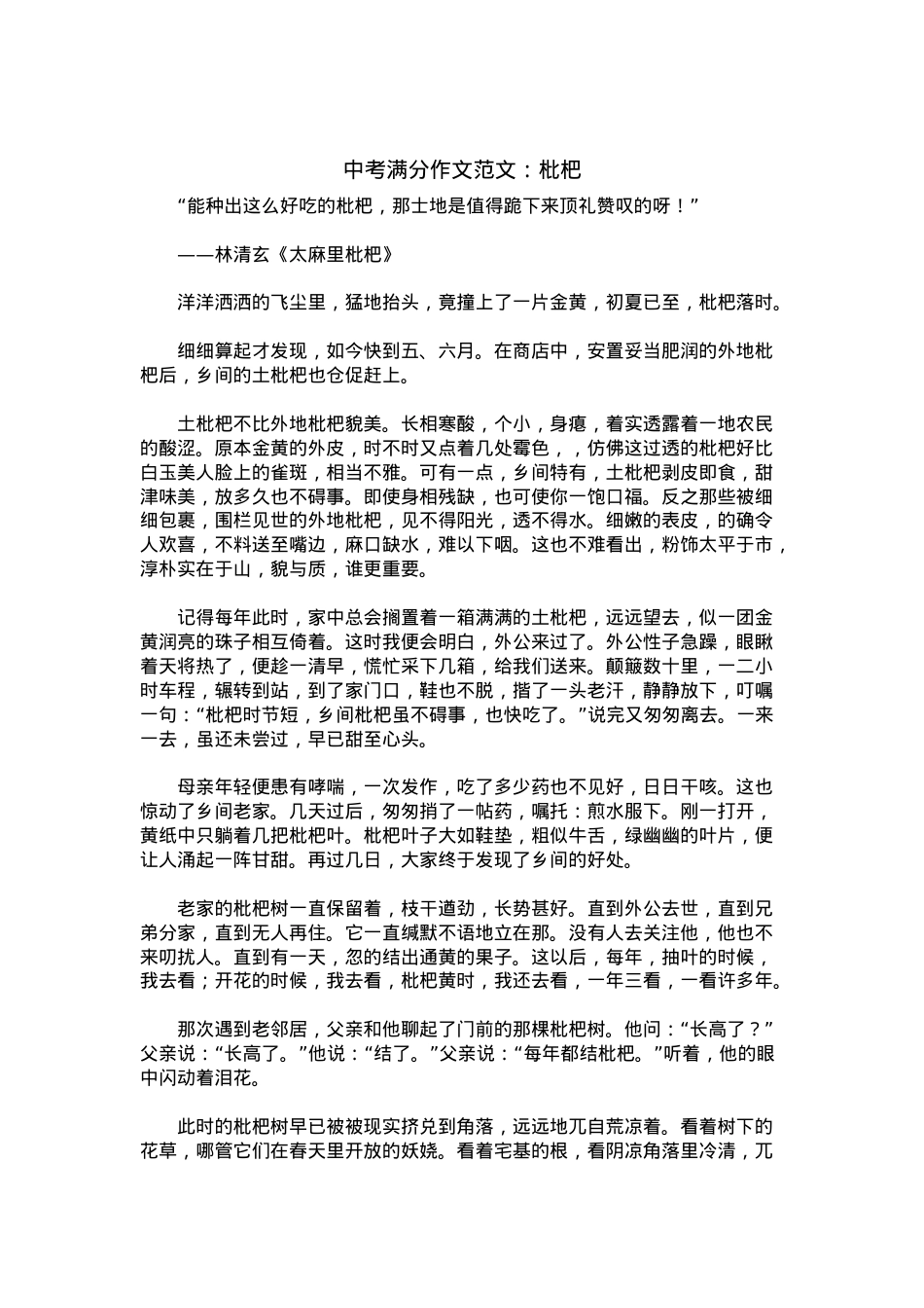 中考优秀满分作文：枇杷.docx_第1页