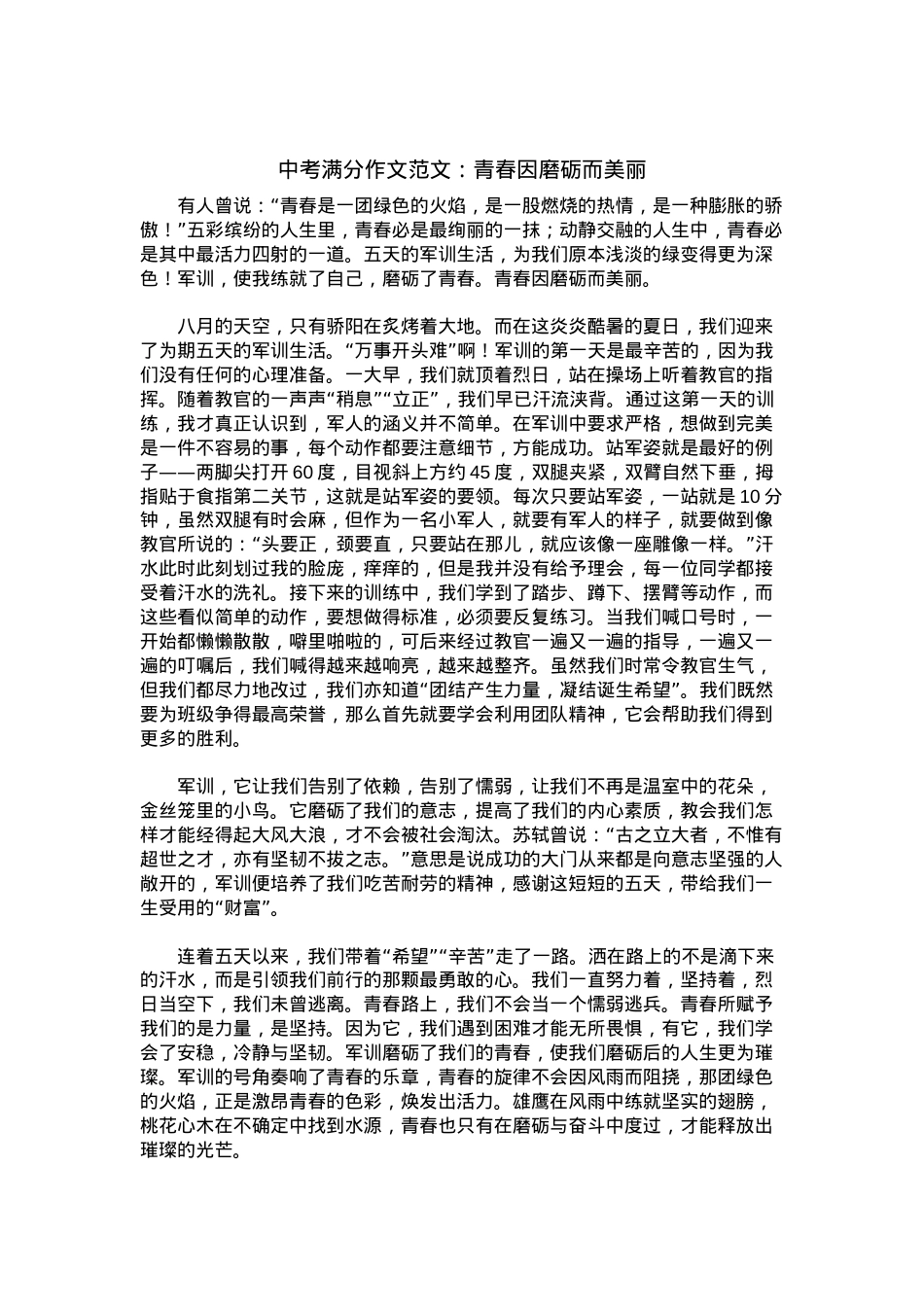中考优秀满分作文：青春因磨砺而美丽.docx_第1页