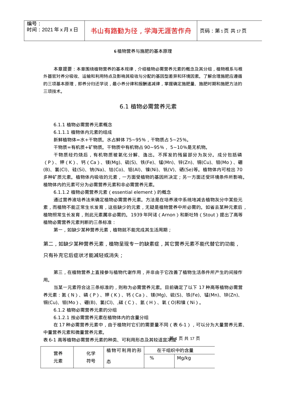 南京农业大学精品课程--土壤肥料学 6 植物营养与施肥的基本原理.docx_第1页