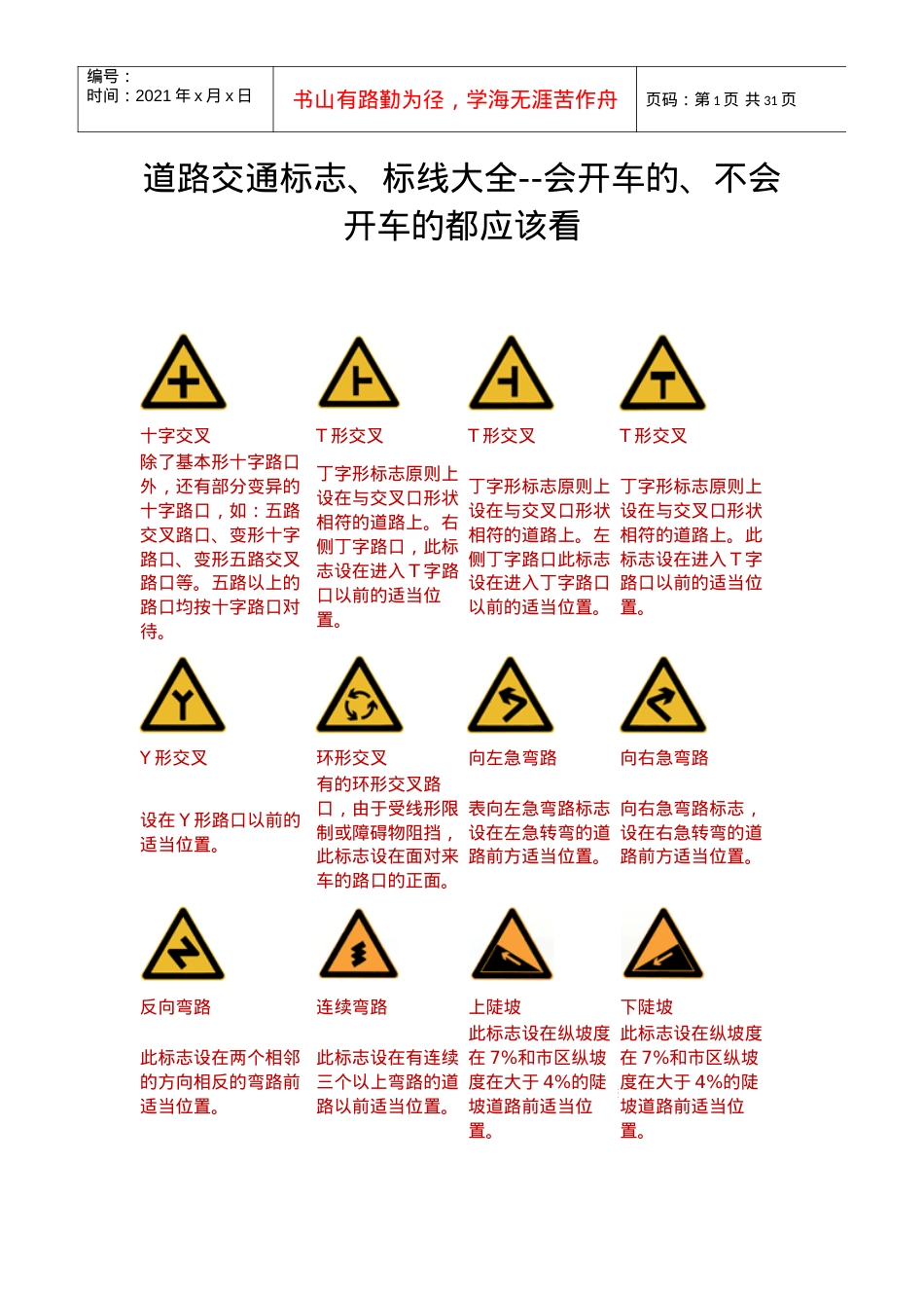 道路交通标志、标线大全--会开车的、不会开车的都应该看.docx_第1页