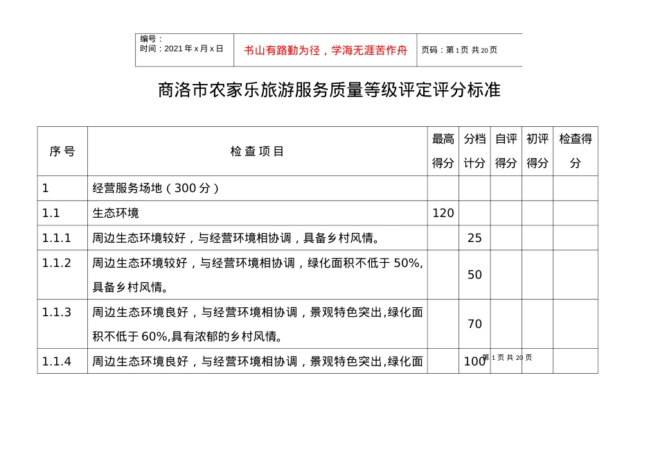 商洛市农家乐旅游服务质量等级评定评分标准.docx_第1页