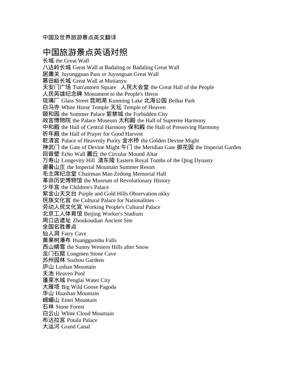 中国及世界旅游景点英文翻译.docx_第1页
