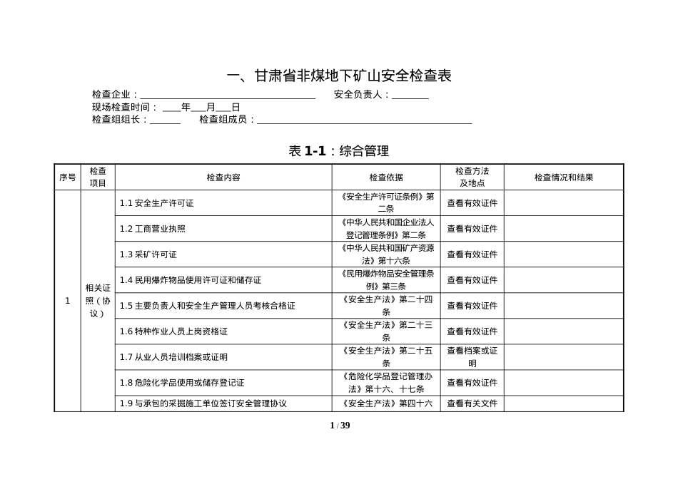 地下矿山安全检查表.docx_第1页
