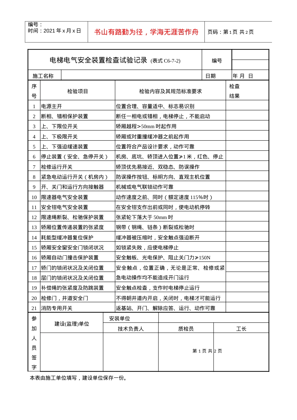 电梯电气安全装置检查试验记录表.docx_第1页