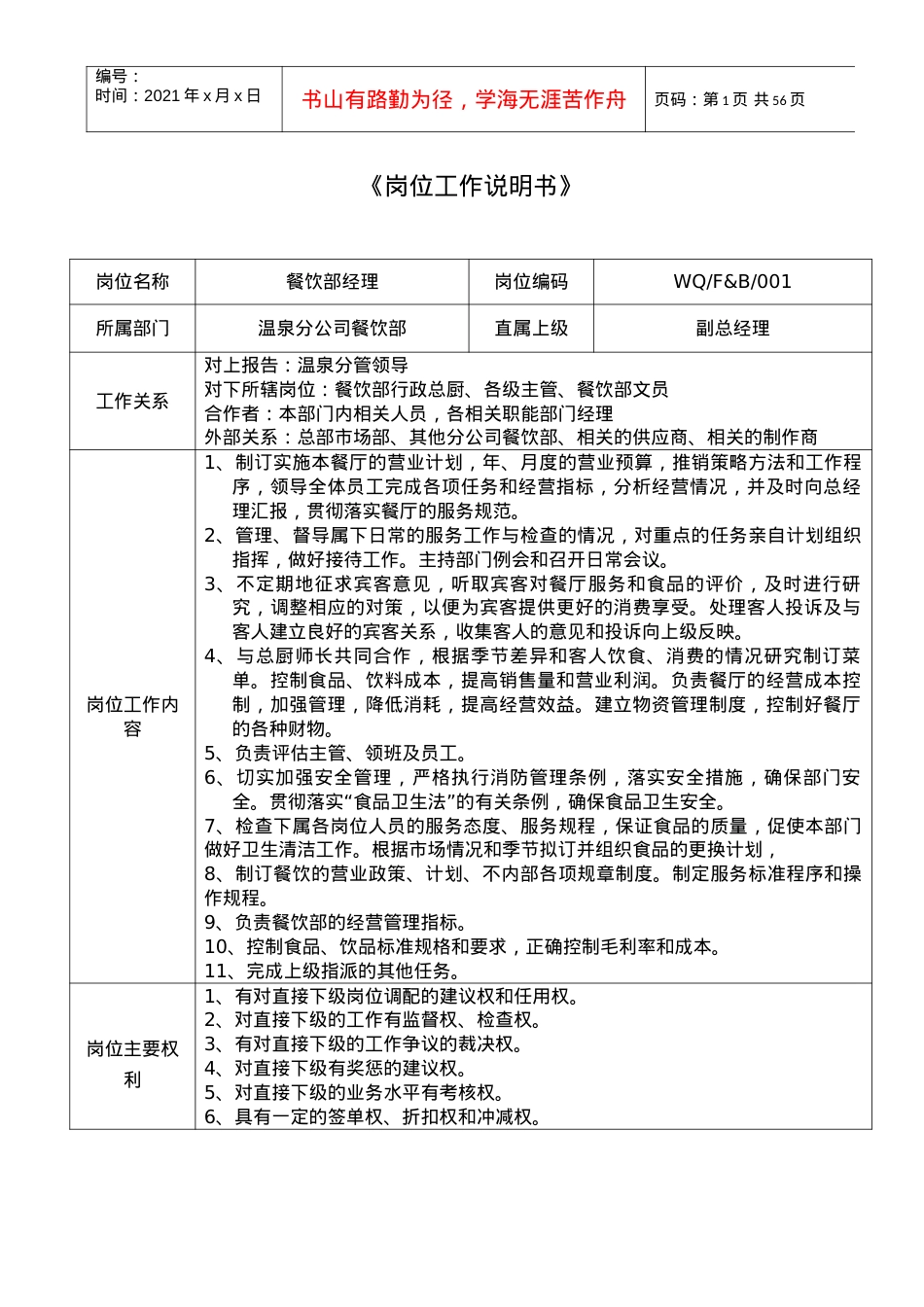 4、餐饮部岗位工作说明书.docx_第1页