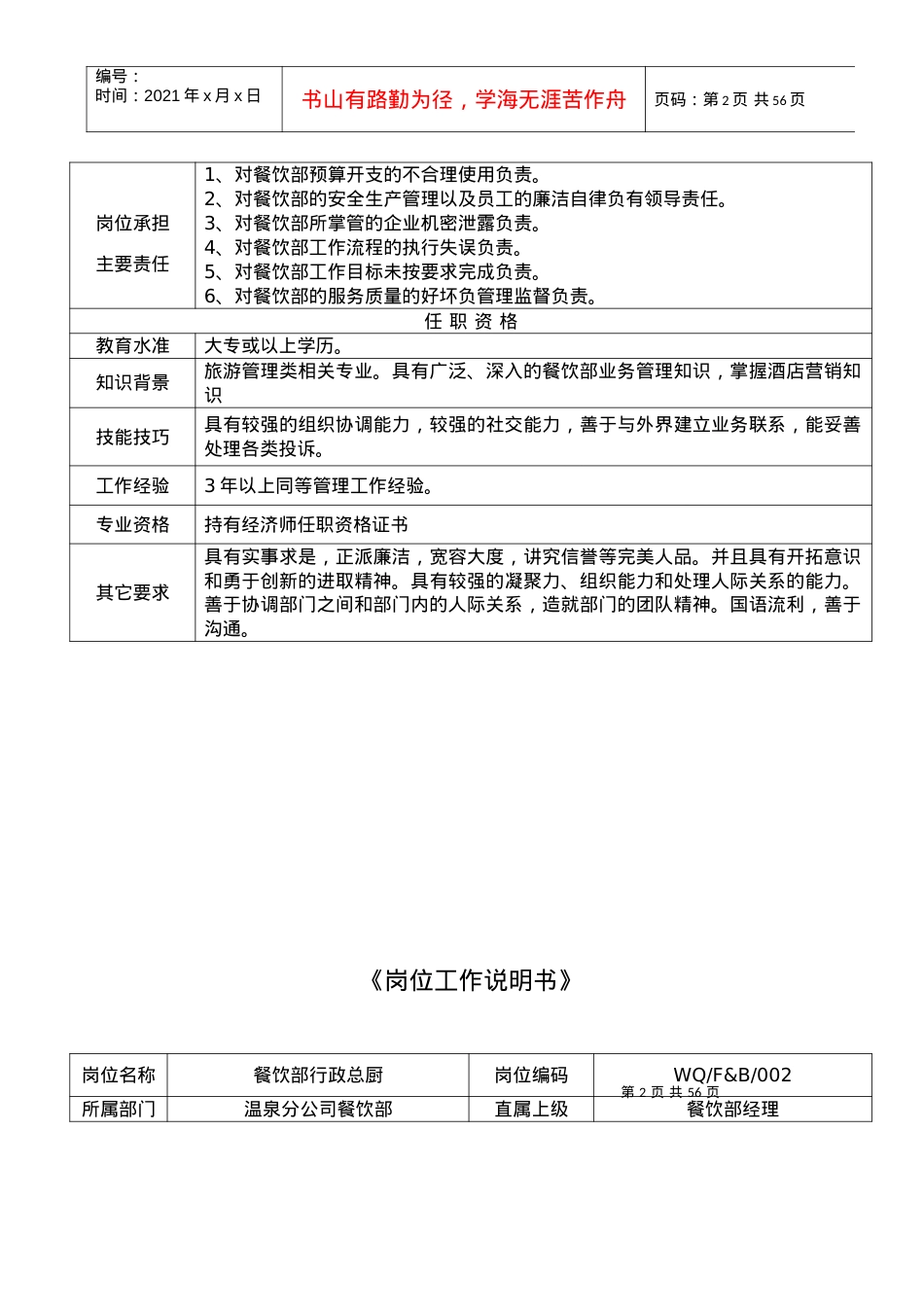 4、餐饮部岗位工作说明书.docx_第2页