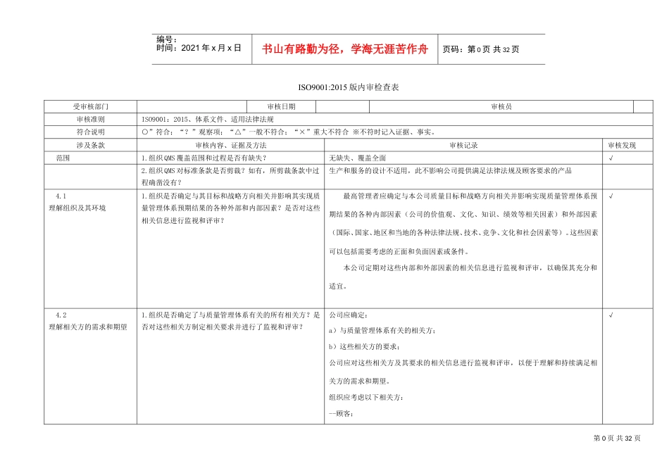 ISO9001-2015版内审检查表(DOC30页).doc_第1页