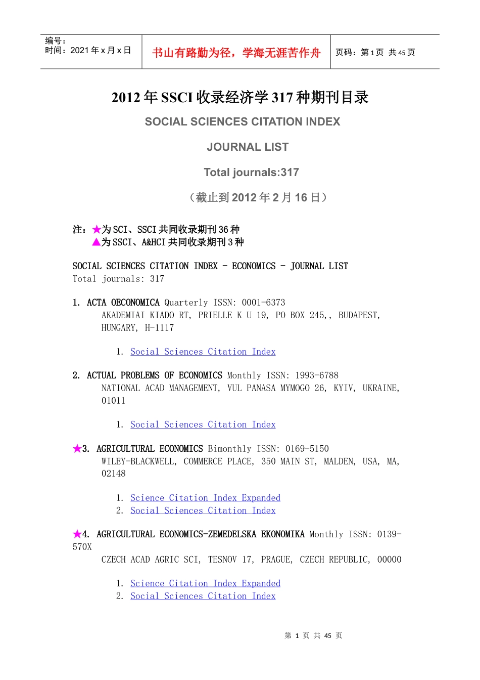 SSCI收录经济学317种期刊目录.docx_第1页