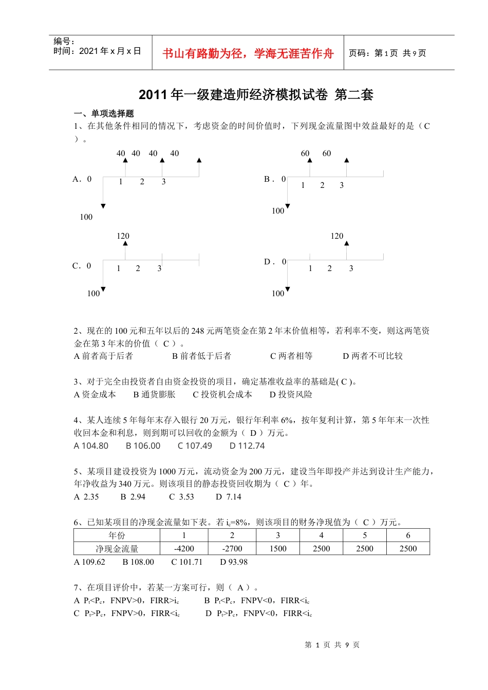 XX年一建工程经济考前模拟试卷2.docx_第1页