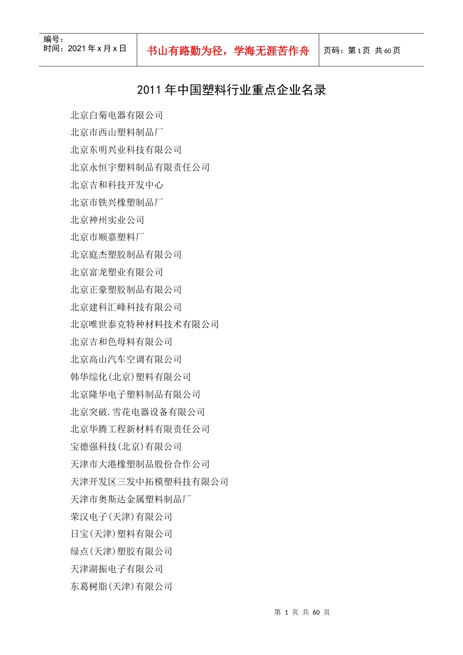 XXXX年中国塑料行业重点企业名录.docx_第1页