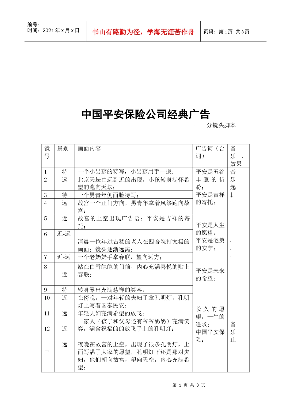中国平安保险公司经典广告汇总.docx_第1页