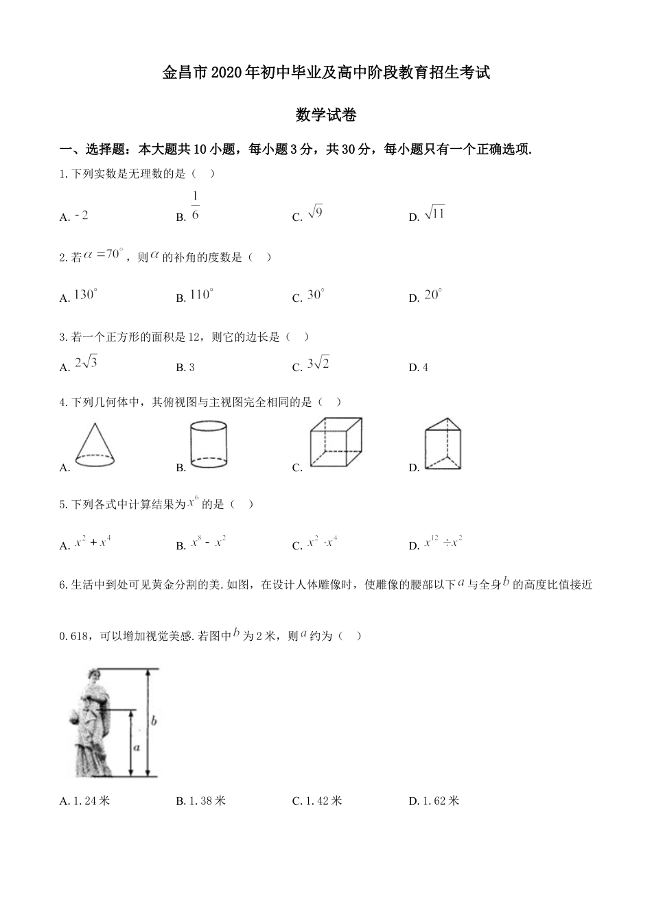 甘肃省金昌市2020年中考数学试题.docx_第1页