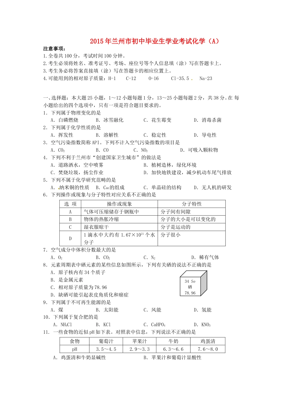 甘肃省兰州市2015年中考化学真题试题（含答案）.doc_第1页