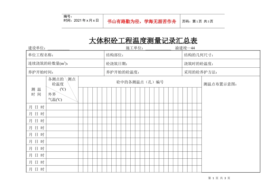 大体积砼工程温度测量记录汇总表.docx_第1页
