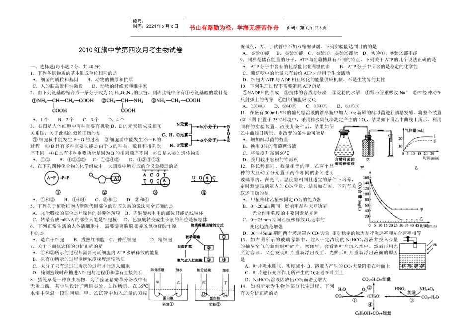 红旗中学第四次月考生物试卷.docx_第1页